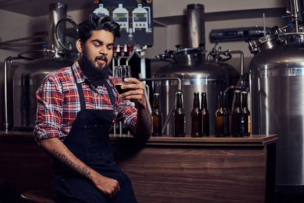 Şık tam Hintli bir yün gömlekli sakallı ve önlük bir bardak bira, bira fabrikası sayacında arkasında oturan tutar.