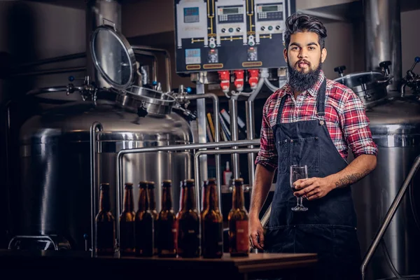 Stylish full bearded Indian man in a fleece shirt and apron holds a glass of beer, standing behind the counter in a brewery.