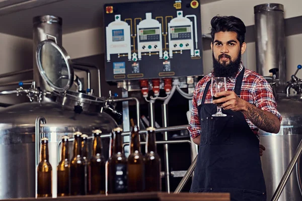 时髦的满胡子的印度男人在一个羊毛衬衫和围裙持有一杯啤酒 站在柜台后面的啤酒厂 — 图库照片