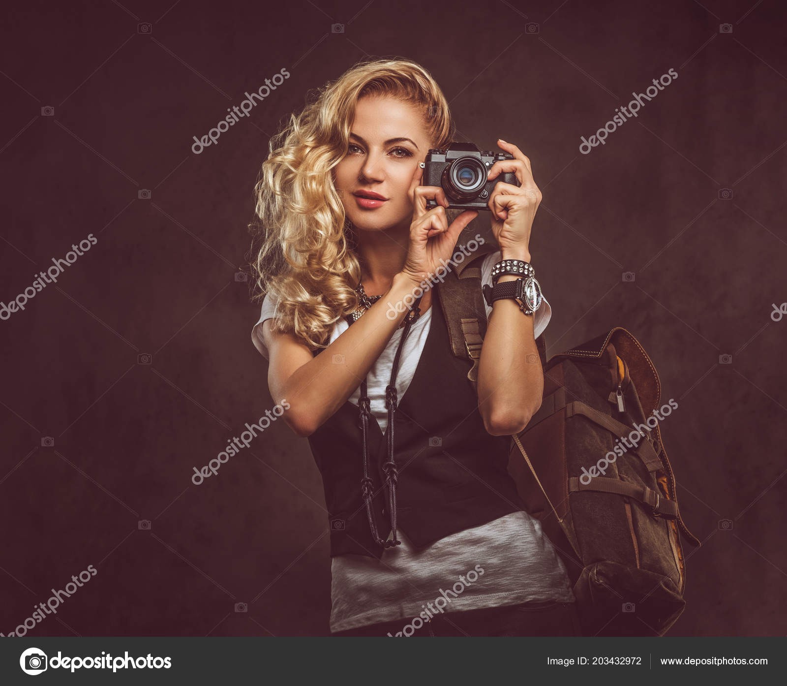 Sensual Curly Blonde Female Dressed White Shirt Waistcoat Wears