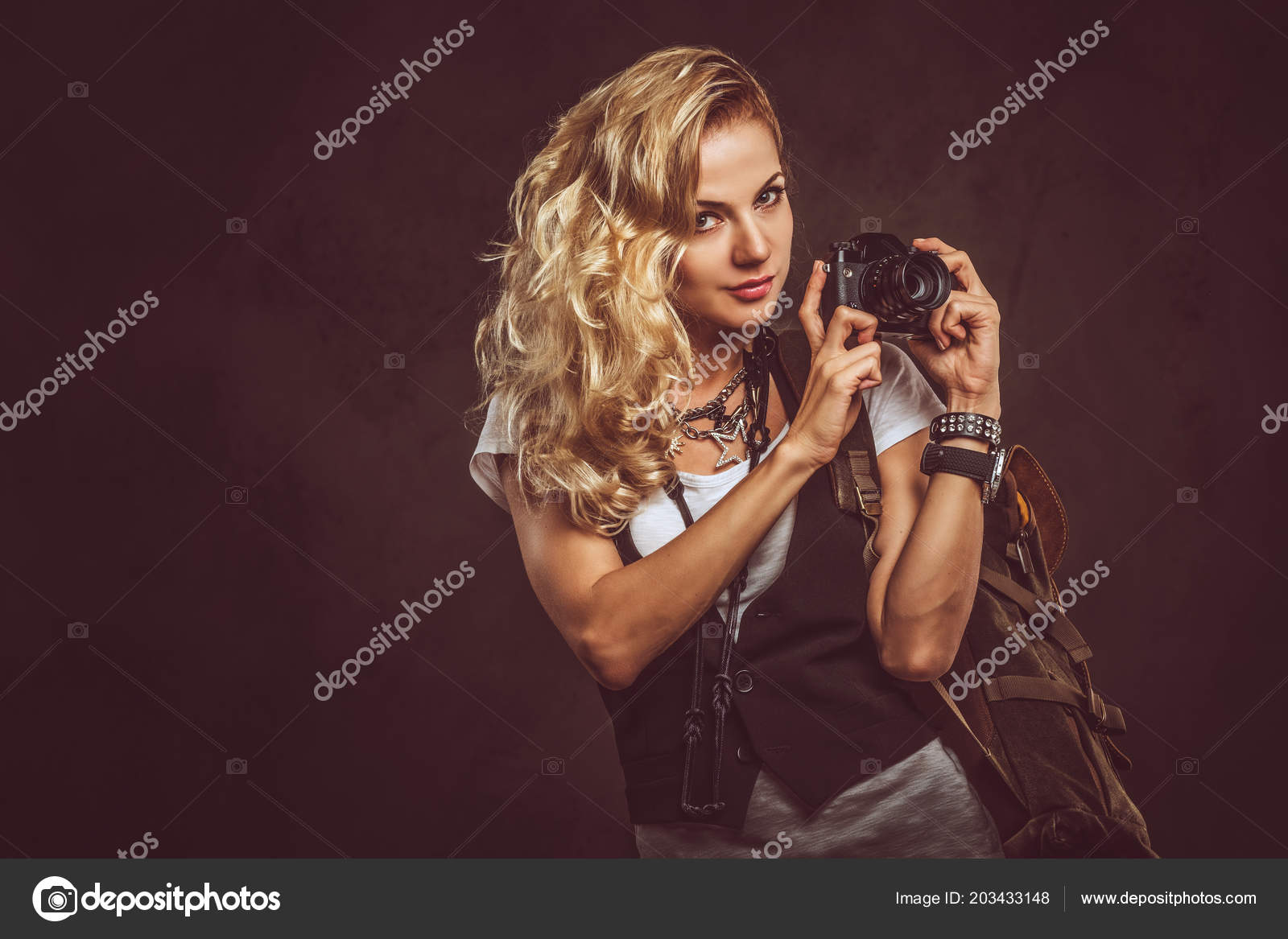 Charming Curly Blonde Female Dressed White Shirt Waistcoat Wears