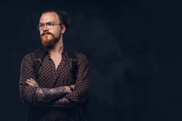 Portrait Redhead Hipster Student Glasses Dressed Brown Shirt Holds Backpack — Stock Photo, Image