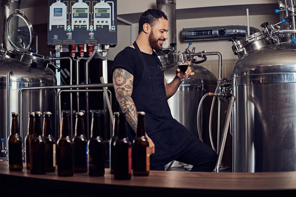 Gülümseyen sakallı dövmeli erkek esmer bir bardak bira, bira tezgahın arkasındaki ayakta tutan.