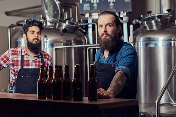 Dois Hipster Interracial Cheio Barbudo Machos Uma Camisas Aventais Que — Fotografia de Stock