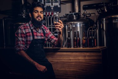 Şık tam Hintli bir yün gömlekli sakallı ve önlük bir bardak bira, bira fabrikası sayacında arkasında oturan tutar.