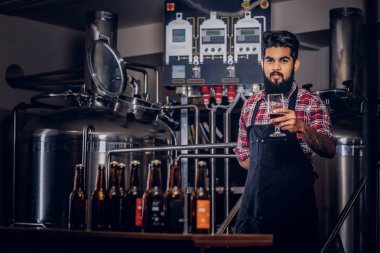 Şık tam Hintli bir yün gömlekli sakallı ve önlük bir bardak bira, bira fabrikası tezgahın arkasındaki ayakta tutan.