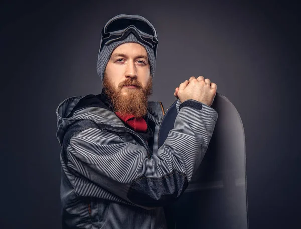 Redhead Brutal Snowboarder Full Beard Winter Hat Protective Glasses Dressed — Stock Photo, Image
