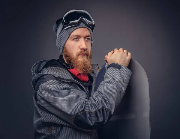 Redhead Brutal Snowboarder Full Beard Winter Hat Protective Glasses Dressed — Stock Photo, Image