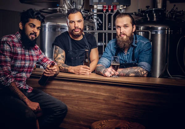 Three Bearded Interracial Friends Drink Craft Beer Brewery Two Hipster — Stock Photo, Image