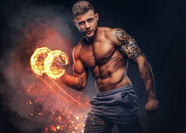 Powerful Stylish Bodybuilder Tattoo His Arm Doing Exercises Biceps Dumbbell — Stock Photo, Image