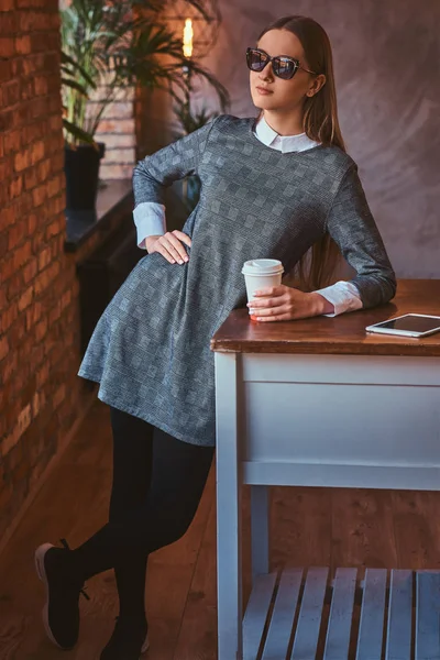 Portrait Smiling Young Girl Sunglasses Dressed Elegant Gray Dress Holds — Stock Photo, Image