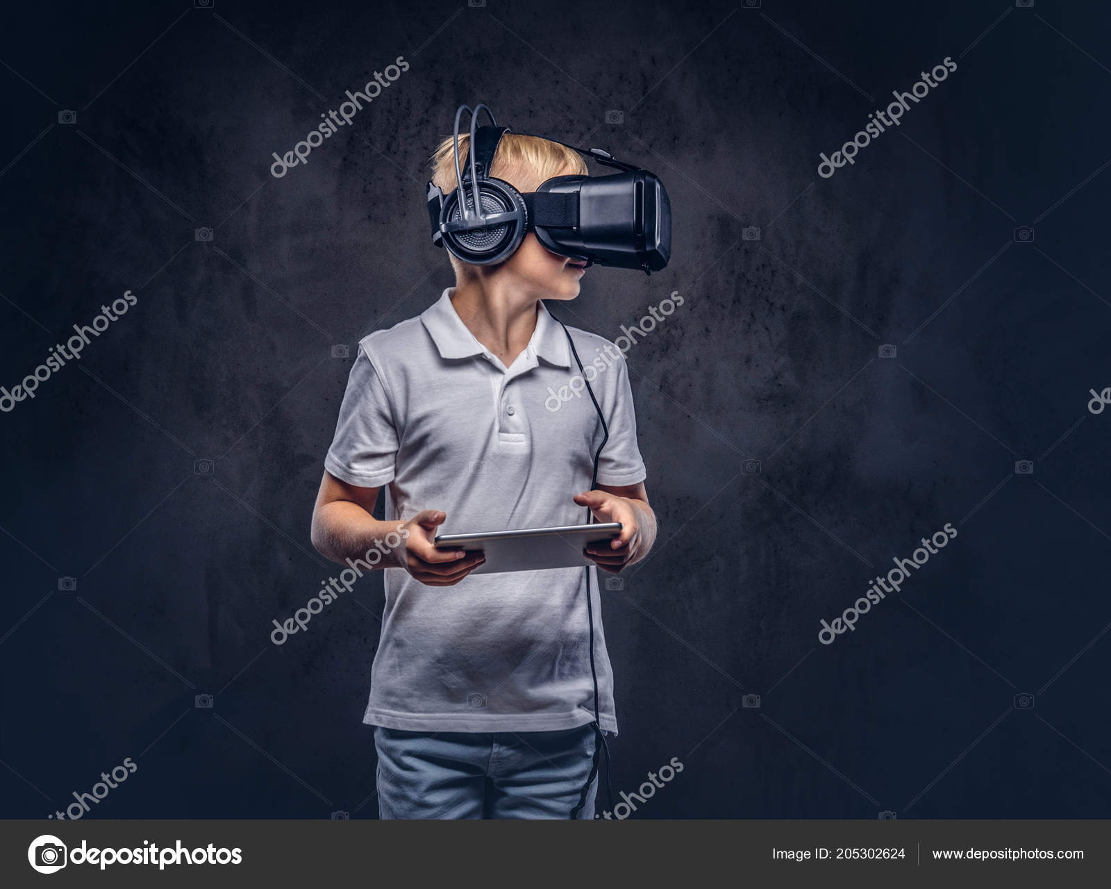 Schoolboy Blonde Hair Dressed White Shirt Wearing Virtual Reality