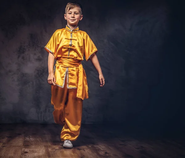 Menino Bonito Vestido Com Traje Tradicional Monge Tibetano Posando Estúdio — Fotografia de Stock