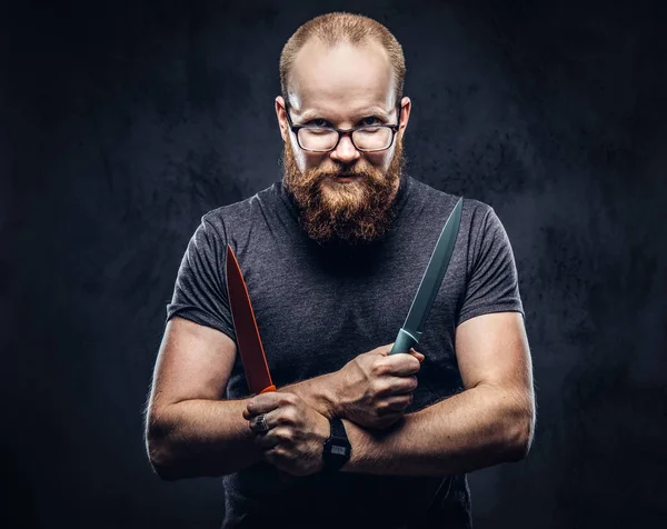 Retrato Hombre Pelirrojo Barbudo Con Gafas Vestidas Con Una Camiseta — Foto de Stock