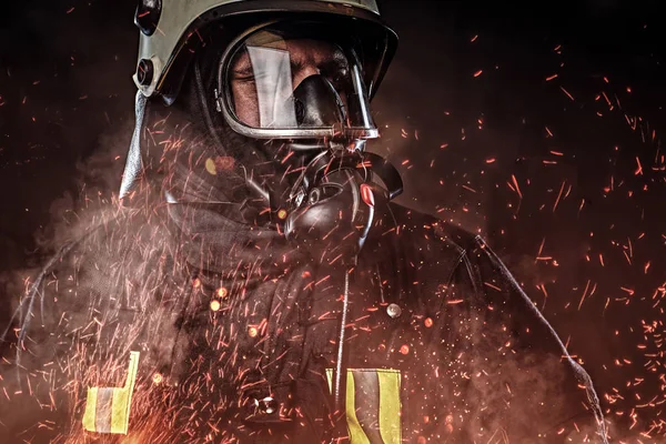 Professional Firefighter Dressed Uniform Oxygen Mask Standing Fire Sparks Smoke — Stock Photo, Image