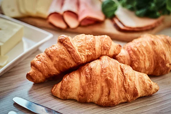 Close Photo Croissant Ham Cheese Butter Wooden Board — Stock Photo, Image