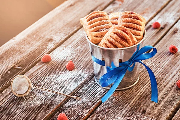 Puff Pastry Jam Bucket Decorated Blue Ribbon Wooden Boards Raspberries — Stock Photo, Image