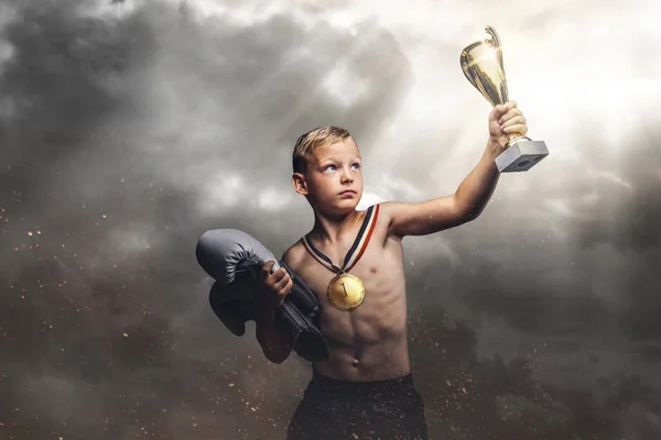 Shirtless Boy Holds Boxer Gloves Winner Cup Stands Background Dark — Stock Photo, Image