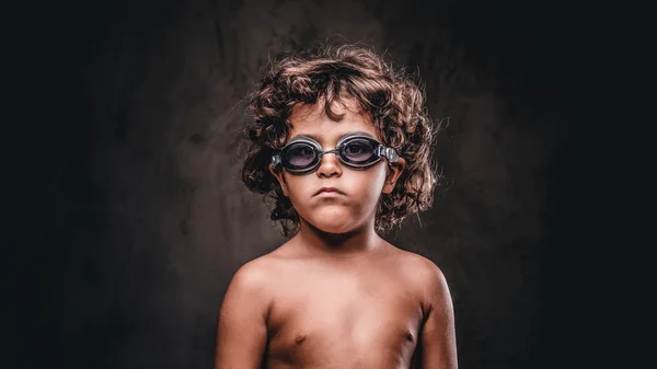 Cute Little Shirtless Boy Swimming Goggles Posing Studio Isolated Dark — Stock Photo, Image