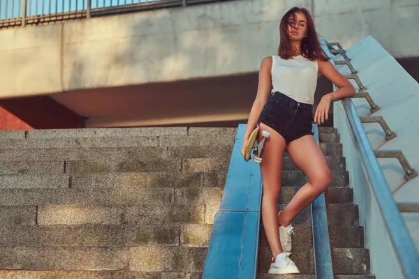 Portrait Sexy Hot Girl Dressed Shorts Shirt Holds Skateboard Posing — Stock Photo, Image