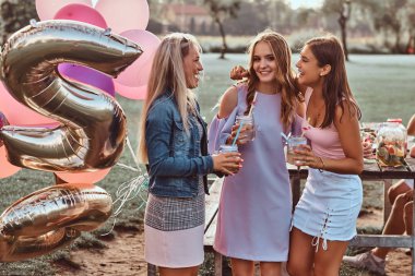 Mutlu kız konuşma piknik partide açık birlikte. Bir Doğum günü kutlamaları park açık sahne.