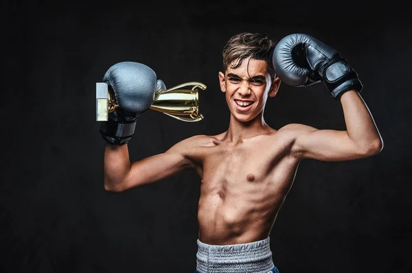 Joyful Jovem Campeão Boxeador Sem Camisa Usando Luvas Segura Taça — Fotografia de Stock