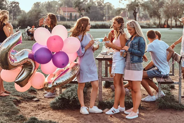 Mutlu kız konuşma piknik partide açık birlikte. Bir Doğum günü kutlamaları park açık sahne.