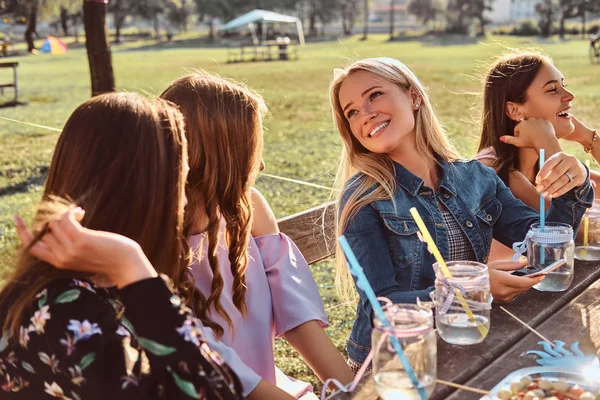 Група щасливих подруг, які сидять за столом разом, святкуючи день народження у відкритому парку . — стокове фото
