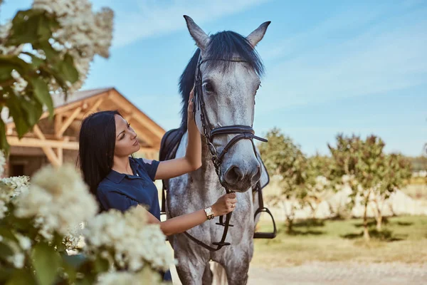 Красива брюнетка дівчина погладжує свого сірого коня біля бузкових кущів в саду . — стокове фото