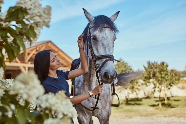 Szép barna lány, lila bokrok mellett szürke lovát simogatta a kertben. — Stock Fotó