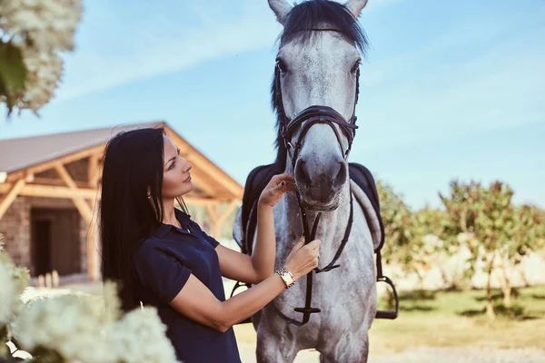 Güzel esmer kız bahçede leylak çalılar yakınındaki gri atı okşayarak. — Stok fotoğraf