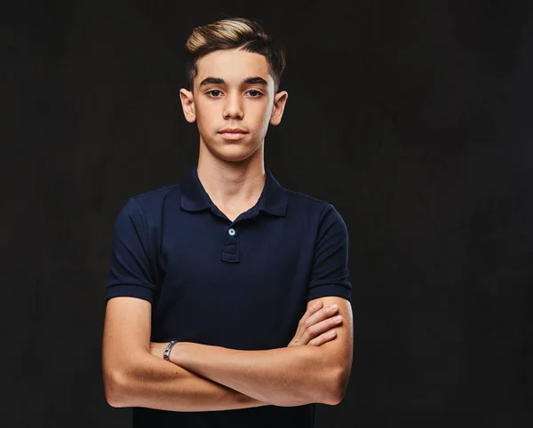 Handsome Young Guy Dressed Black Shirt Standing Crossed Arms Isolated — Stock Photo, Image