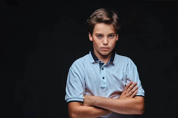 Sad Caucasian Teenager Dressed White Shirt Standing Crossed Arms Isolated — Stock Photo, Image