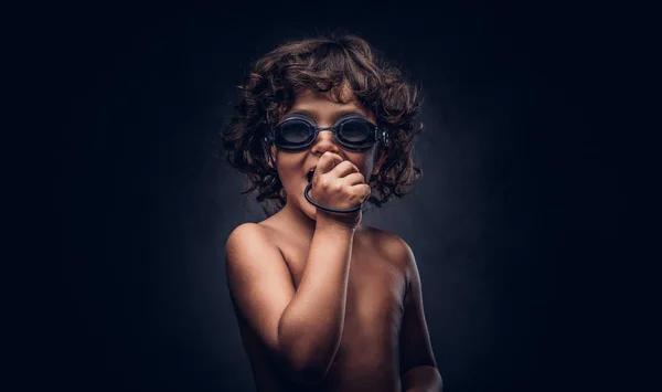 Cute Little Shirtless Boy Swimming Goggles Posing Studio Isolated Dark — Stock Photo, Image