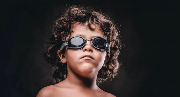 Cute Little Shirtless Boy Swimming Goggles Posing Studio Isolated Dark — Stock Photo, Image
