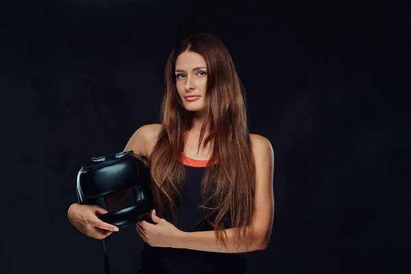 Portrait Beautiful Brunette Female Boxer Sportswear Holds Protective Helmet Looking — Stock Photo, Image