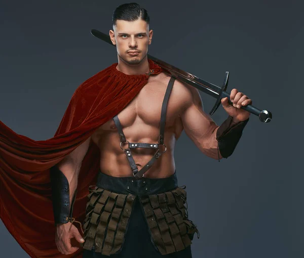 Porträt Eines Antiken Griechischen Kriegers Mit Muskulösem Körper Kampfuniformen Mit — Stockfoto