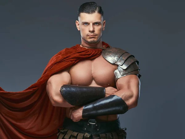 Brutal Ancient Greece Warrior Muscular Body Battle Uniforms Standing Crossed — Stock Photo, Image