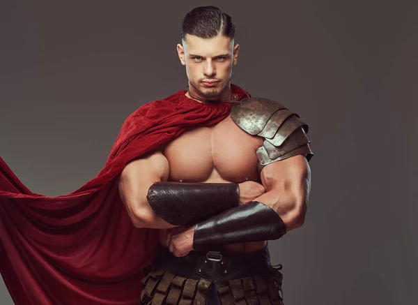 Brutal Antigo Grécia Guerreiro Com Corpo Muscular Uniformes Batalha Com — Fotografia de Stock
