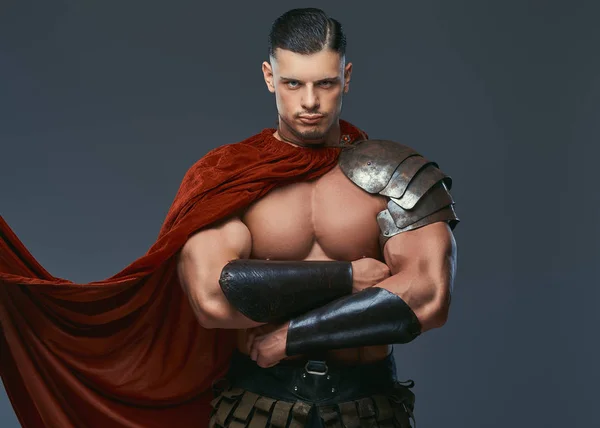 Brutal Ancient Greece Warrior Muscular Body Battle Uniforms Standing Crossed — Stock Photo, Image