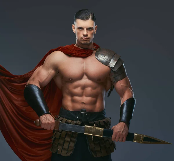 Brutaler Alter Griechischer Krieger Mit Muskulösem Körper Kampfuniformen Der Vor — Stockfoto