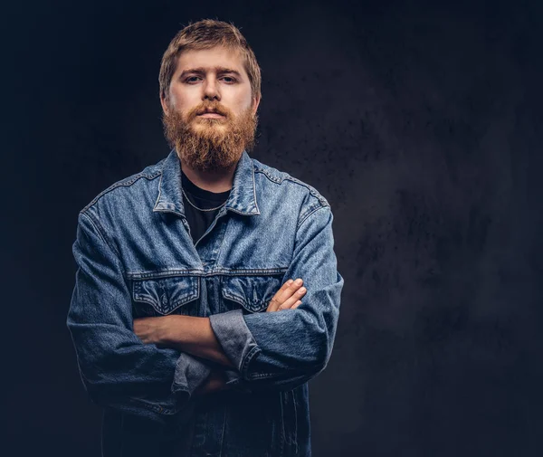 Portrait Handsome Hipster Guy Dressed Jeans Jacket Posing Crossed Arms — Stock Photo, Image