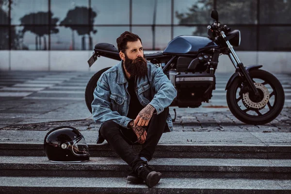 Portrait Brutal Bearded Male Dressed Jeans Jacket Sitting Steps His — Stock Photo, Image