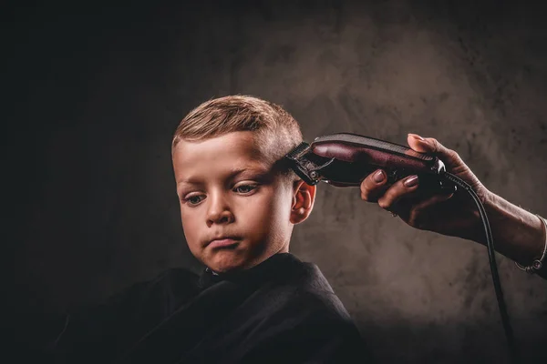 Close Portrait Cute Preschooler Boy Getting Haircut Dark Background — Stock Photo, Image