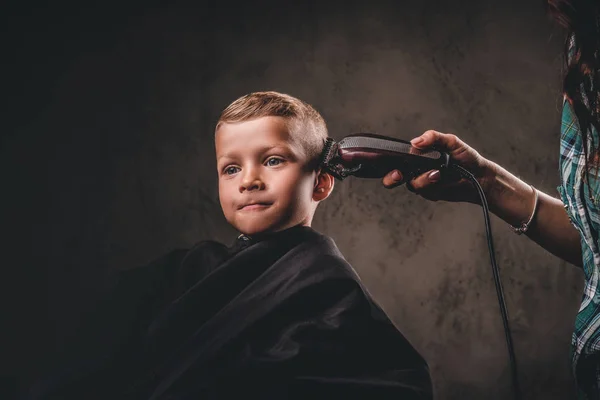 Close Portrait Cute Preschooler Boy Getting Haircut Dark Background — Stock Photo, Image