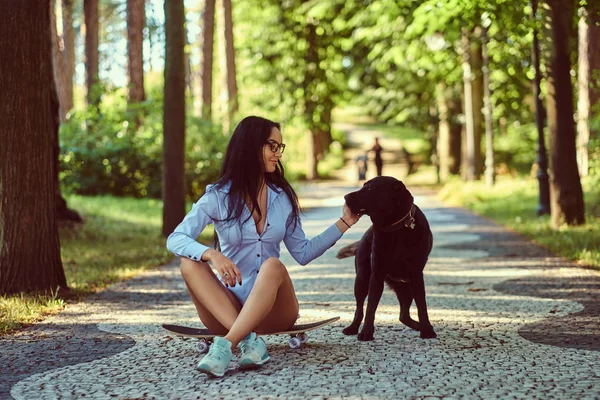 Lykkelig Sensuell Brunette Jente Briller Iført Skjorte Shorts Sittende Skateboard – stockfoto