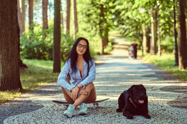 シャツと スケート ボードに座ってパンツを身に着けているガラスで幸せの官能的なブルネットの少女は 公園で犬を連れて歩く — ストック写真