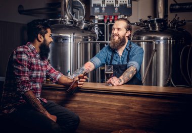 İki sakallı Interracial arkadaş zanaat bira içmek ve bir bira fabrikasında iyi eğlenceler. Apronda dövmeli hipster çalışan erkek arkadaşı bir bira fabrikası ile bira içiyor.