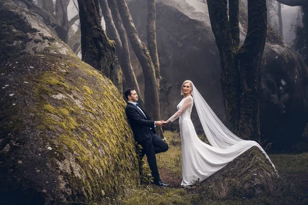 Casal Encantador Recém Casados Noiva Noivo Uma Bela Floresta Misteriosa — Fotografia de Stock