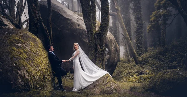 Casal Encantador Recém Casados Noiva Noivo Uma Bela Floresta Misteriosa — Fotografia de Stock